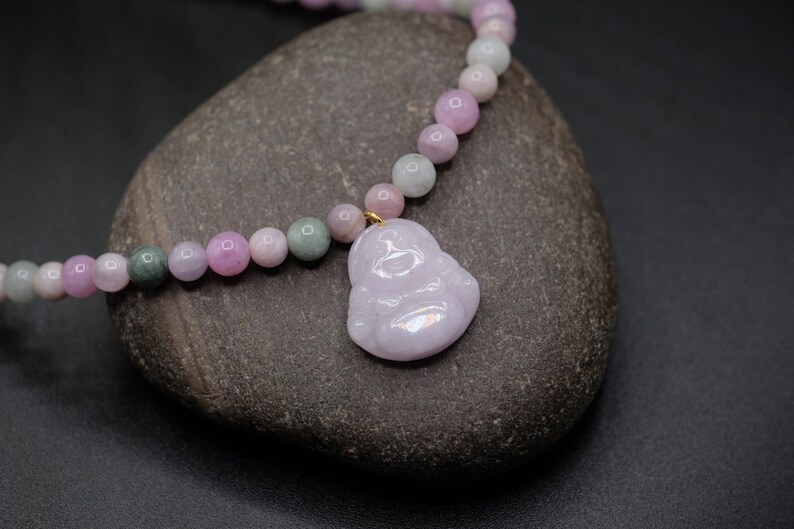 Green Jadeite 25ct Lavender Burmese Jadeite Type A Undyed Laughing Buddha 22mm Luck Prosperity Necklace 6mm Kunzite Gold Heart Charm 16/'/'