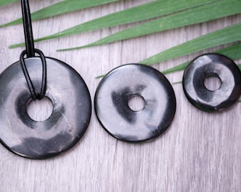 Shungite 50mm, 40mm, 30mm Donut Pi Stone Pendants Optional 2mm Waxed Cotton Cord {Karelia, Russia}