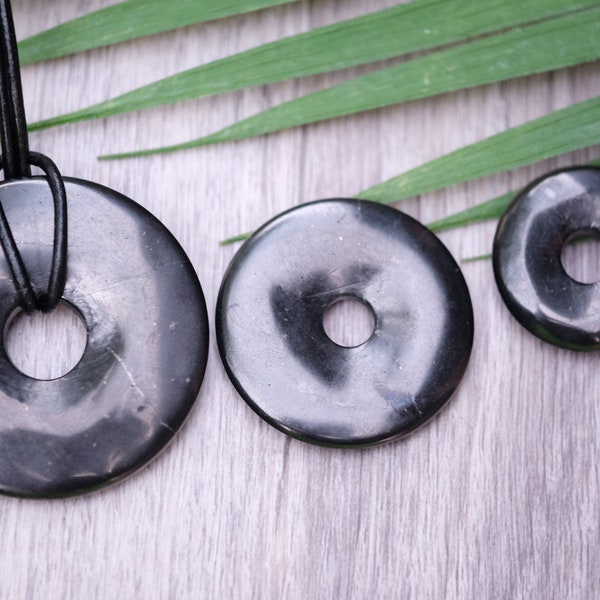 Shungite 50mm, 40mm, 30mm Donut Pi Stone Pendants Optional 2mm Waxed Cotton Cord {Karelia, Russia}