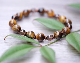 Protection, Self-Discipline, Grounding, Anti-Anxiety 8mm Tigers Eye Hematite 6mm Smoky Quartz Kids Adult Crystal Genuine Gemstone Bracelet