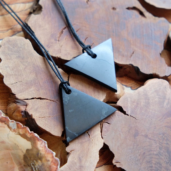 Flat Triangle Shungite Pendant Male (Upward) Female (Downward) Minimalist Black Cotton Cord Necklace EMF 5G Protection 1.25x1.25x1.25''