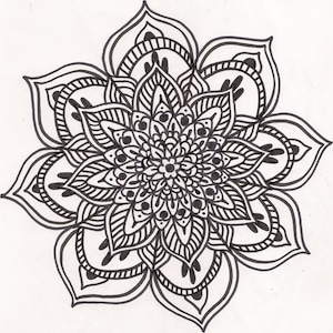 May include: A black and white mandala design. The symmetrical artwork features intricate patterns of curved lines, dots, and petal-like shapes radiating from a central point. The design is on a white background.
