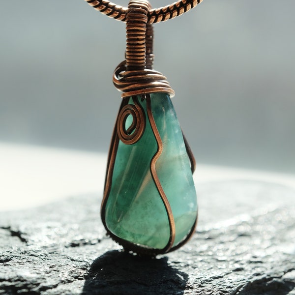 Translucent Guatemalan Jadeite Natural Type A Jade Blue Oxidized Wire Wrap Copper Pendant Necklace 46mm x 17mm