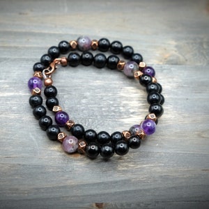 Petrovsky Shungite + Copper + Auralite 23 + Amethyst Most Powerful Form of Shungite in Beaded form Stretch Bracelet or Necklace