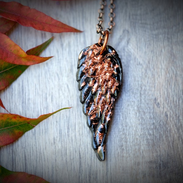 ELITE NOBLE Shungite + Copper Orgonite 1.75'' Angel Wing Pendant Rose Gold Chain or Black Cotton Cord Anti-EMF Necklace Orgone Energy