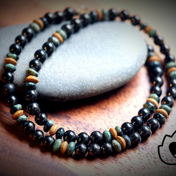 Shungite + Kambaba Jasper EMF Protection, Balance, Tranquility Earthy Wood Rondelle Healing Green Black Bead Bracelet Anklet Choker Necklace