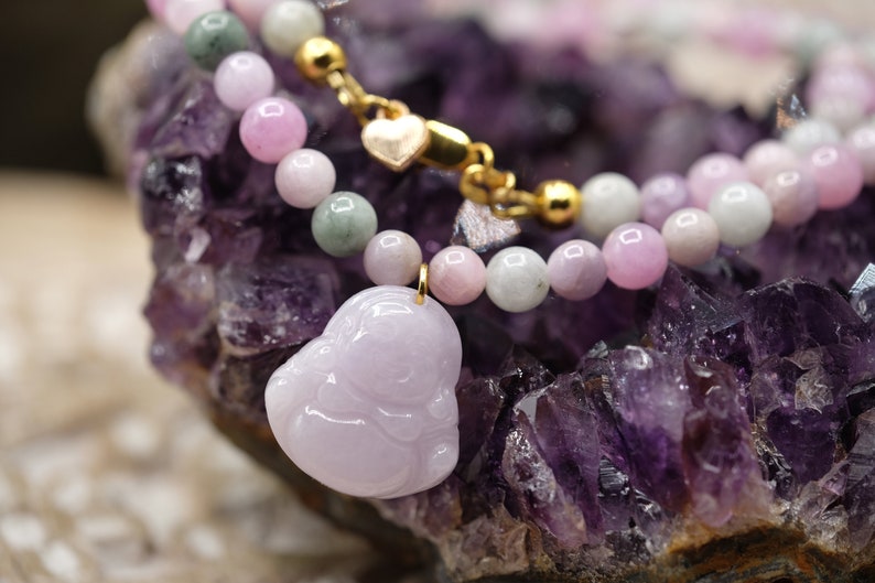 Green Jadeite 25ct Lavender Burmese Jadeite Type A Undyed Laughing Buddha 22mm Luck Prosperity Necklace 6mm Kunzite Gold Heart Charm 16/'/'