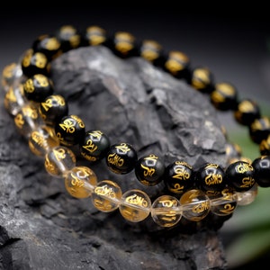 Tibetan Om Engraved Clear Quartz or Rainbow Obsidian 6, 8, 12mm Bead Bracelet, Necklace, Mala Bodhisattva Om Mani Padme Hum 108