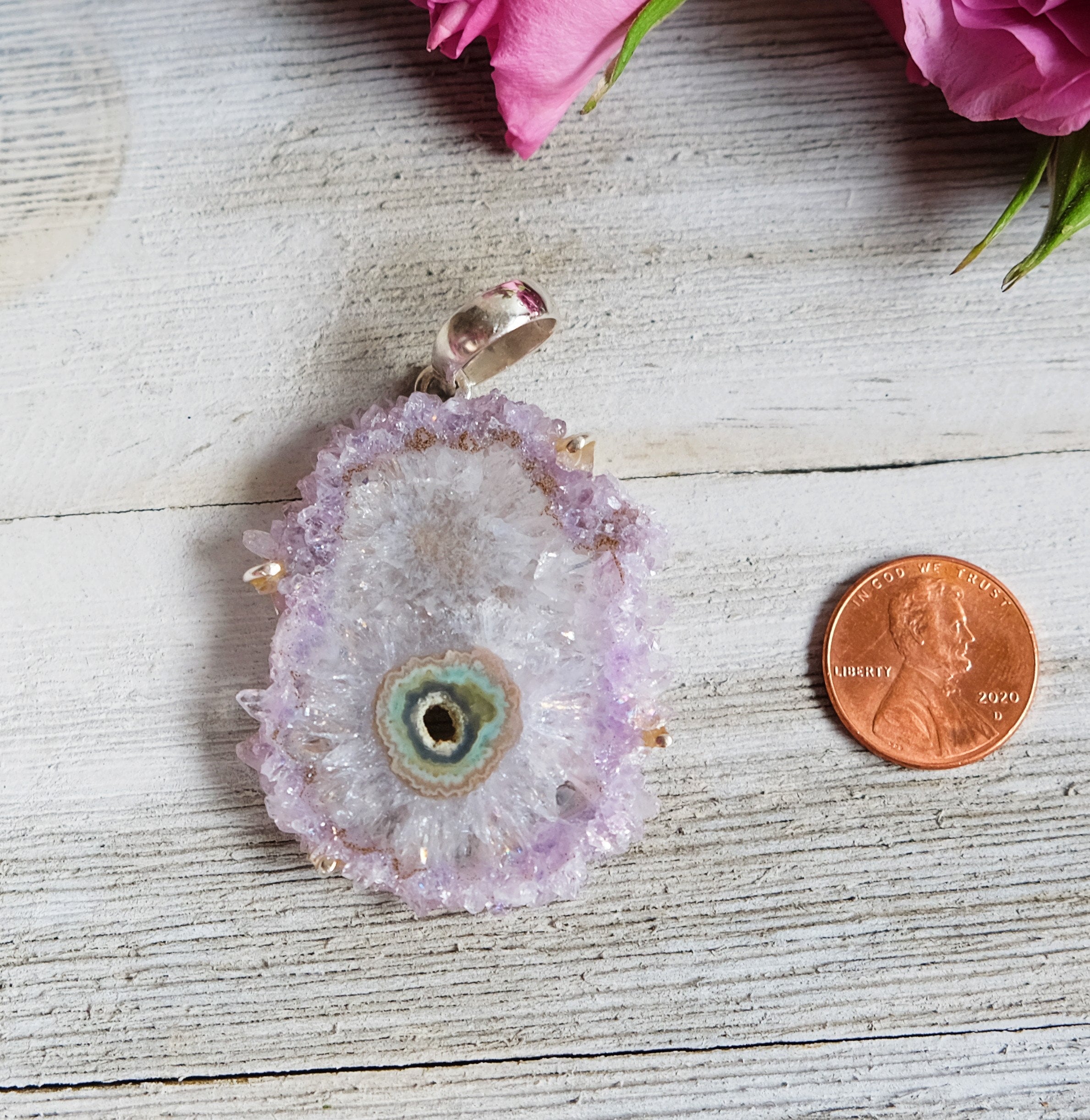 Large 45mm Amethyst Stalactite Slice 925 Sterling Silver Pendant