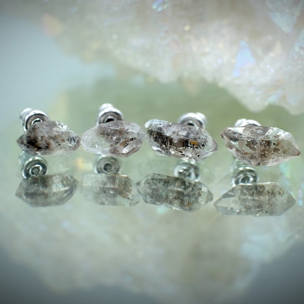 Raw Herkimer Diamond 925 Sterling Silver Filled Stud Earrings with Black Anthraxolite inclusions 10mm x 6mm