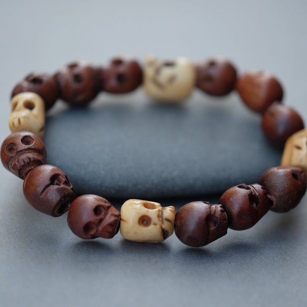 Bone & Natural Wood Skull Bracelet 13mm x 12mm Large Skull Bead or Small 8mm Skull Bead