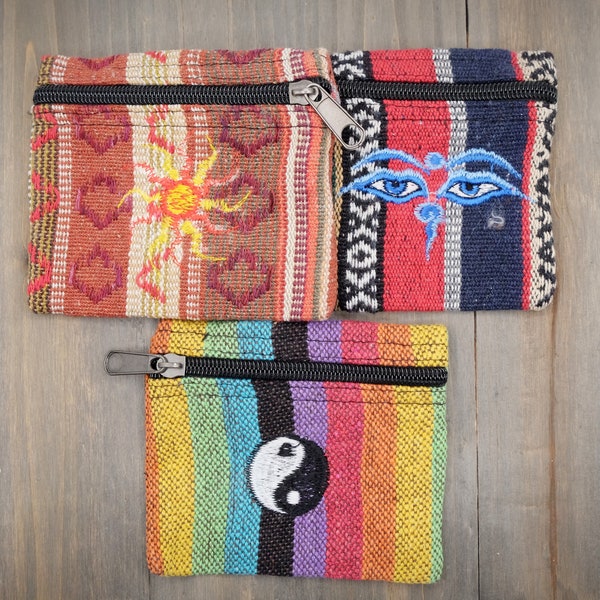 Boho Hippie Pocket Wallet 100% Cotton Lined Purse Zipper Pocket 5'' x 4''