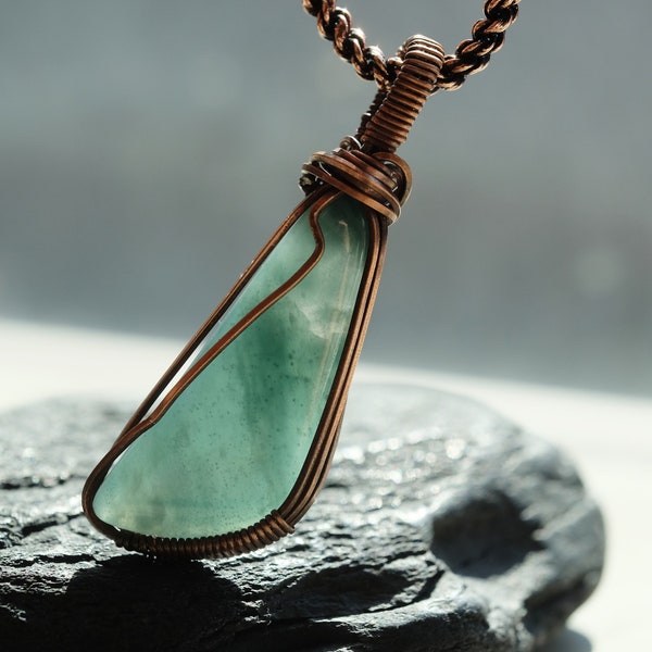 Translucent Guatemalan Jadeite Natural Type A Jade Blue Oxidized Wire Wrap Copper Pendant Necklace 56mm x 20mm