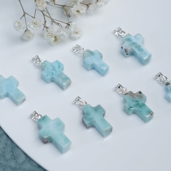 Larimar Cross Sterling Silver 18'' Italy 1mm Box Chain Necklace