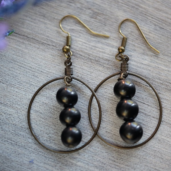 Petrovsky or Black Shungite Earrings Antique Brass 8mm EMF Protection Dangle, Hoop, Drop with Sterling Silver, Gunmetal Options