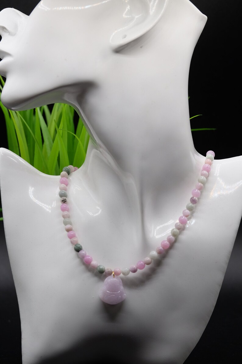 Green Jadeite 25ct Lavender Burmese Jadeite Type A Undyed Laughing Buddha 22mm Luck Prosperity Necklace 6mm Kunzite Gold Heart Charm 16/'/'