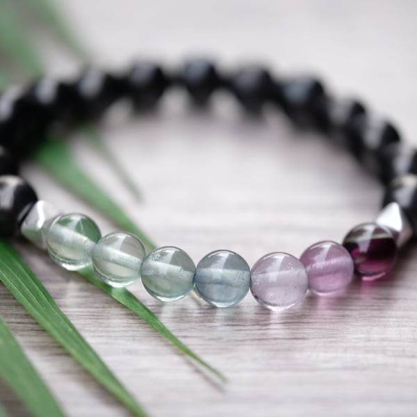 Pulsera de Shungita + Fluorita con protección EMF para limpieza del aura (8 mm, 6 mm y 4 mm). Fluorita arcoíris auténtica de Shungita, concentración, agudeza mental y sanación.