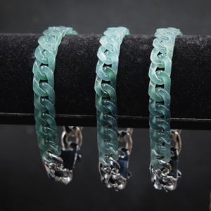 High-Quality Blue Water Jade Cuban Link Chain Bracelet Translucent Guatemalan Jadeite with Silver Clasp 7&#39;&#39; Length, 0.35&#39;&#39; Width