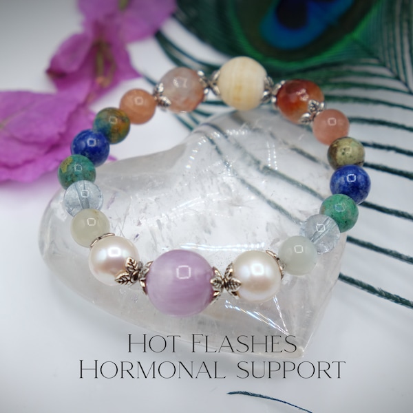 Hot Flashes, Menopause Support Kunzite, Pearl, Honey Calcite, Topaz, Chrysocolla, Lapis Lazuli, Moonstone, Fire Agate 8mm Healing Bracelet