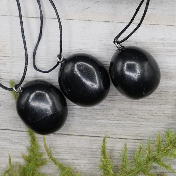 Shungite EMF Protection 20mm Round Chunky Tumble Pebble Pendant with Optional 925 Italy Sterling Silver or Black Cord Necklace