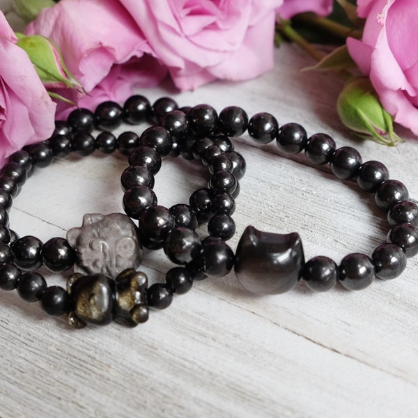 Shungite + Obsidian Teddy Bear, Cat Head, Lucky Fortune Cat Bead Bracelet 6mm, 8mm, 10mm