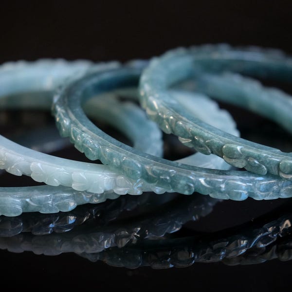 62mm, 63mm, 64mm, 65mm Blue Water Jade Bangle Guatemalan Jadeite Carved Flower