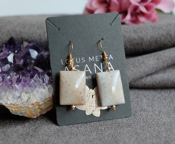 Orbicular Ocean Jasper Dangle Earrings Puffy Rectangle 0.9'' x 0.6'' Gold Plated Ear wires Adaptogenic Stone