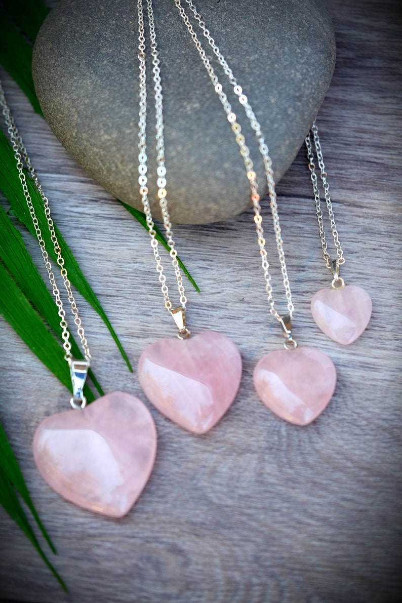 LOVE Rose Quartz Heart Pendant Multiple Sizes 18 inch Silver Chain 1.1 in, 0.9 in, 0.75 in, 0.5 in. 