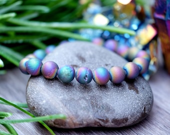 Druzy Rainbow Peacock Aura Agate Crystal 10mm 8mm 6mm Bracelet