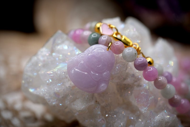 Green Jadeite 25ct Lavender Burmese Jadeite Type A Undyed Laughing Buddha 22mm Luck Prosperity Necklace 6mm Kunzite Gold Heart Charm 16/'/'