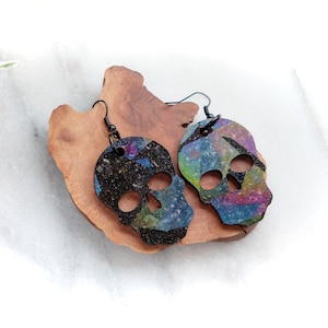 Elite Noble Shungite + Resin Holographic Skull Earrings