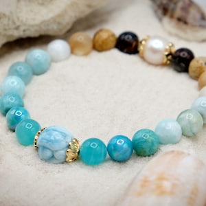 Larimar Turtle, Hemimorphite, Abalone, Pearl, Picture Jasper, Coconut Shell 8mm Bracelet Calming Beach Vibes Emotional Healing, Balance