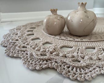 Tappeto beige all'uncinetto fatto a mano / Tappeto boho in corda di cotone con bordo smerlato e pizzo