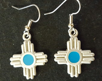 Zia Symbol Pewter & Turquoise Enamel Drop Earrings