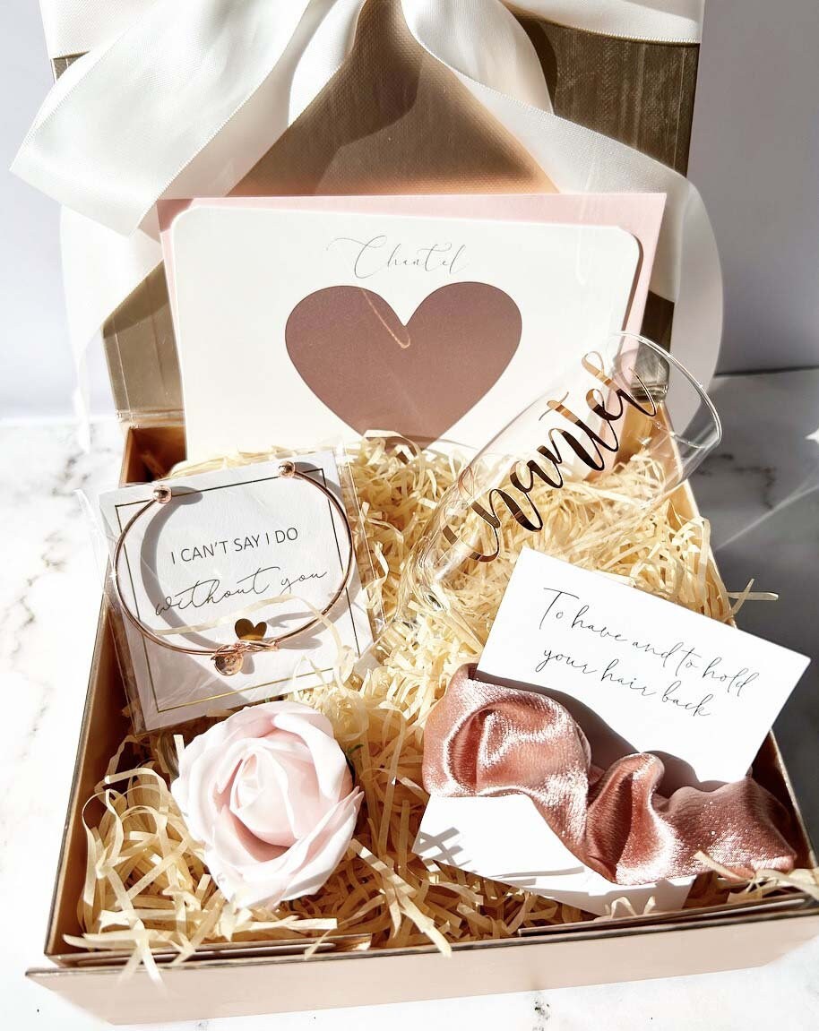Bridesmaid Proposal Gift Box Set - Includes Tumbler, Socks, Jewelry, Card & More (Rose Gold Theme)