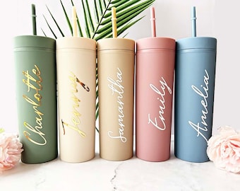Personalized Skinny Tumbler Custom Bridesmaid Tumbler Drinking Cup Bridal Party Bridesmaid Proposal Double Wall Cold Cup & Straw