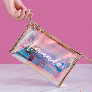 Personalised holographic iridescent Make Up Bags, Cosmetic Bag,  Unique Bridesmaid Gift Ideas, Rose Gold Makeup Bags, holographic purse