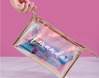 Personalised holographic iridescent Make Up Bags, Cosmetic Bag,  Unique Bridesmaid Gift Ideas, Rose Gold Makeup Bags, holographic purse