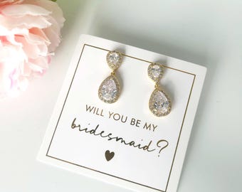 Gold, Silver, Rose gold plated teardrop earrings, will you be my bridesmaid gift, earring hoop, diamond earrings, bridesmaid proposal