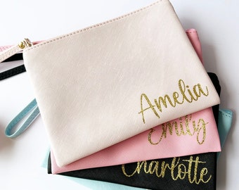 Personalised makeup pouch, wristlet pouch, clutch bag, gift for her, coin wallet, birthday gift, bridesmaid maid of honour proposal