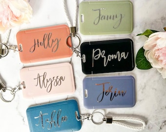 PERSONALISED card holder with strap, card wallet, key chain, luggage tag, key ring, wristlet, name tag, office card holder, office ID badge