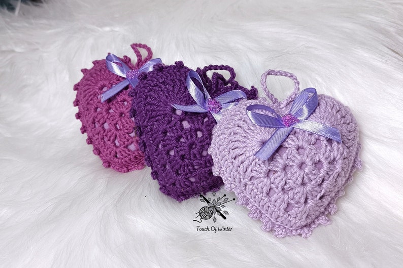 Sachets coeur lavande au crochet Set of all 3