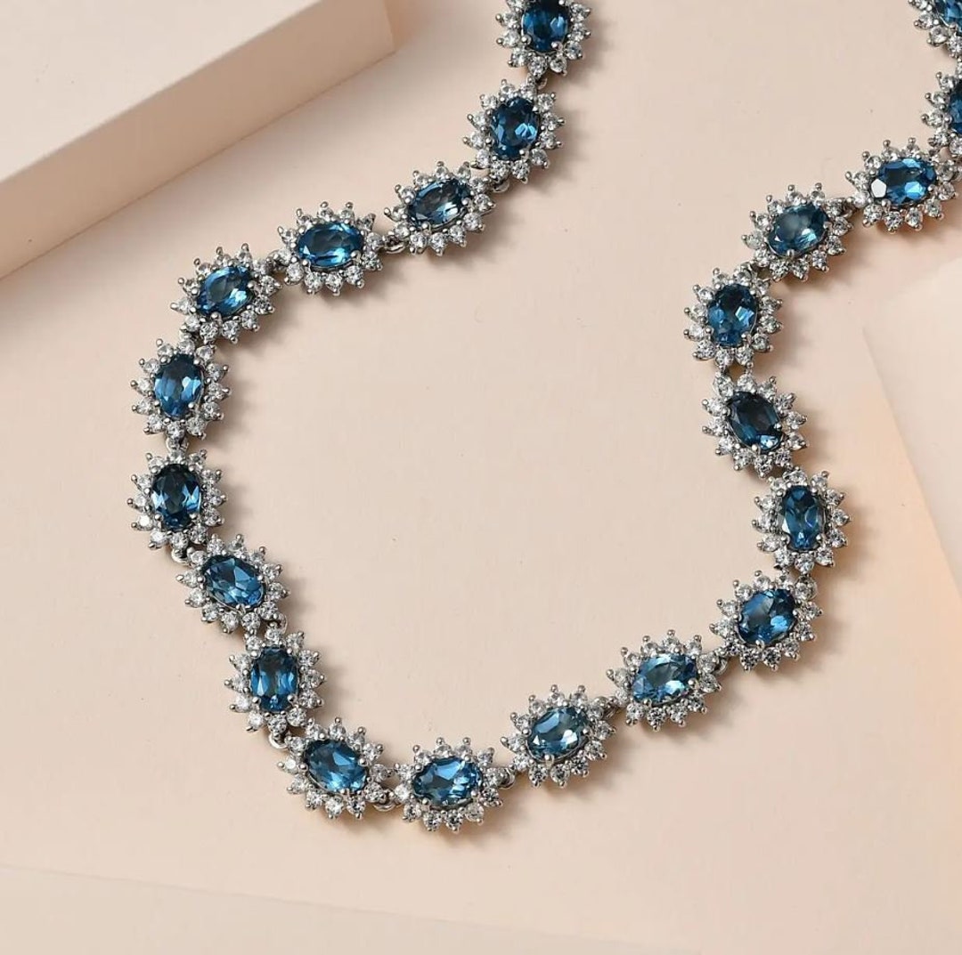925 Sterling Silver & London Blue Topaz Necklace With White Topaz for ...