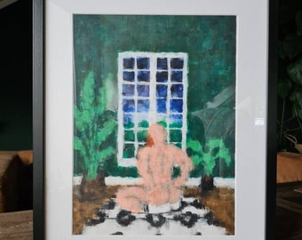 Acrylic painting. Naked man staring out the window.