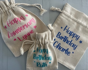 Personalised Birthday Anniversary Gift Bag Linen Drawstring