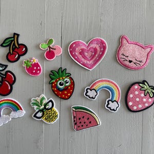 May include: A set of 11 iron-on patches featuring various designs, including fruits, a heart, a rainbow, a cat, and a pineapple. The patches are all pink, red, and green.