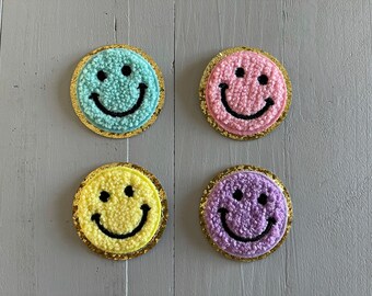 Chenille 5cm Smiley Face Patches Iron On Patches Multicoloured Smiley Face Patches