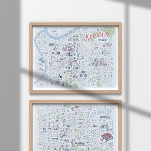 May include: Two framed illustrations of Kansas City, Missouri. The top illustration shows the city's downtown area with the Missouri River running through it. The bottom illustration shows a more detailed map of the city, including the Kansas City Royals baseball stadium.