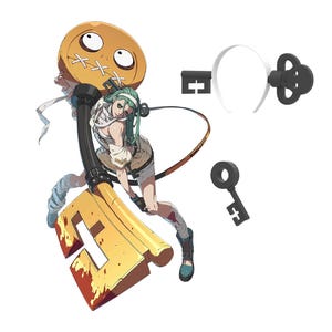 May include: A green-haired character wielding a large golden key with a stitched-up face. The key is attached to a black cord and has a red stain on the blade. The character is wearing a white and brown outfit and is holding the key with both hands.