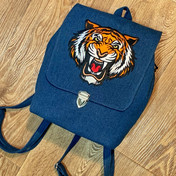 Unique backpack with tiger embroidery Handmade jeans backpack | Etsy